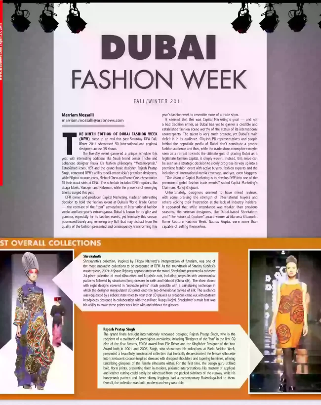 Shrekahnth’s collection featured in Arab News as Best Overall Collection at Dubai Fashion Week Fall/Winter 2011